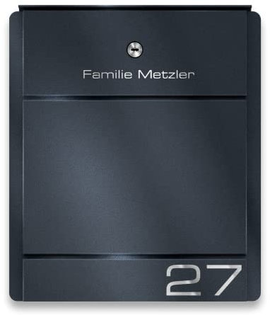 Metzler Briefkasten Anthrazit RAL 7016 - Wandbriefkasten mit Zeitungsfach und Namensschild - aus Edelstahl V2A - Briefkasten mit Gravur Beschriftung, Name & Hausnummer - Modell01, sonder-Modell01