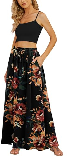 Yincro Women Flowy Maxi Skirt Summer Pleated High Waisted Casual Long Skirts with Pockets (Brown Floral Black, XL)
