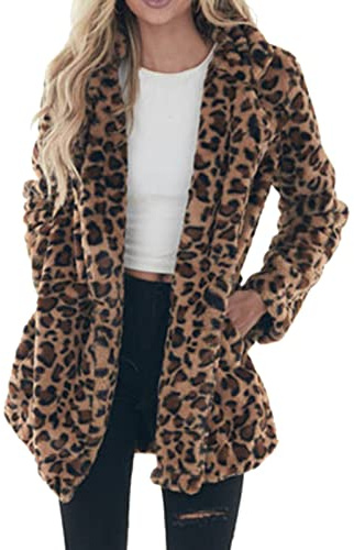 Damen Mantel Winter Damen Damen Leopard Faux Pocket Fuzzy Warm Winter Oversized Outwear Langer Mantel Plus Size Leopard Print Jacke Faux 'Langarm Body Furry Outerwear