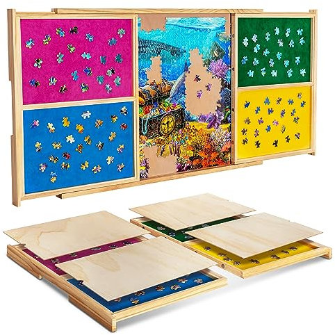 Becko US Portable Jigsaw Puzzle Board, Wooden Puzzle Table, 4 Sorting Drawers with Protective Lids, Smooth Flannel Top, for 1000 Piece Jigsaw Puzzles