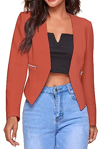 Blazer dam, kort smal blazer, dam, elegant, lätt business, affärer, kontor, arbete, enfärgad, långärmad kontorsjacka, apelsin, XL