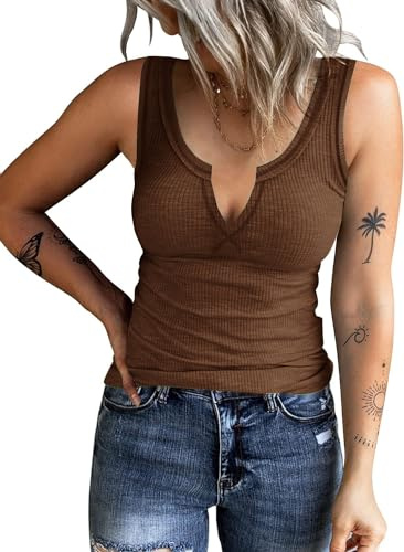 ELFIN Canottiera da Donna a Coste Estiva Sexy Scollo a V Senza Maniche Slim Fit Basic