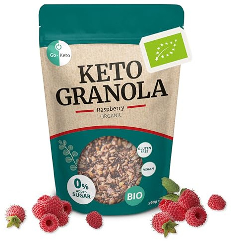 Go-Keto BIO Keto Granola Raspberry 290g - Low Carb Keto Muesli per una deliziosa colazione keto, con scaglie di cocco, noci, frutta, semi di girasole e semi di zucca, vegan, senza glutine
