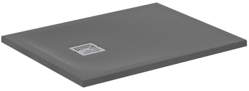 Ideal Standard - Ultra Flat S+, Plato de ducha rectangular ultrafino de resina efecto piedra, 90 x 70 cm, Ideal Solid, desagüe lado corto, gris cemento