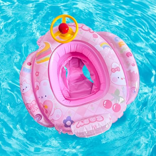 Balakaka Baby Schwimmring 70×75 cm, Aufblasbare Schwimmen Float mit Sicherheitssitz & Lenkrad, Baby Schwimmhilfen Spielzeug Outdoor-Spielzeug für Kinder ab 3 Jahren, Rosa Häschen