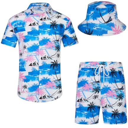 SPKPKEY Hawaiiansk skjorta och shorts för män, set i 2 delar, ledig button-down-skjortor, sommar, strandkläder med fiskhattar, Palmträd vit, 3XL