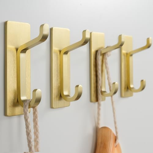 Josmimic Self Adhesive Hooks, Sticky Hooks Extra Sturdy, Hanging up to 6KG, Metal Stainless Heavy Duty Stick on Wall Door, for Towel Coat Hat Purse in Bathroom Shower, Gold, 4 Pack