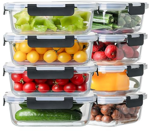 8 Pack 36oz Large Glass Meal Prep Containers with lids, Glass Food Storage Containers with Leak Proof Snap Lock Lids , Airtight Bento lunch Boxes, Kitchen Storage, Oven, Freezer and Dishwasher Safe