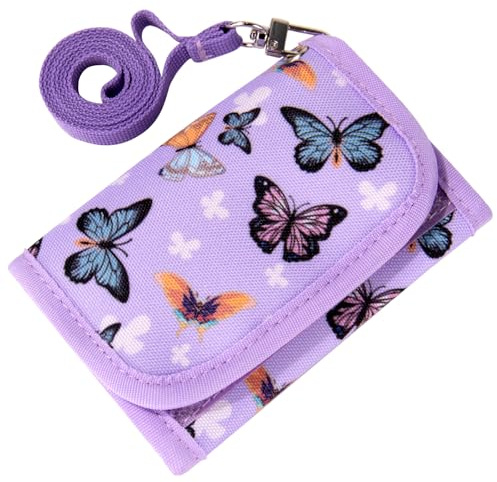 Choco Mocha Brustbeutel für Kinder, Geldbeutel für Mädchen mit Münzfach - Kinder Portemonnaie, Sichtfach, 3 Ersatz-Lanyard & 1 Geschenkbox, Schmetterling