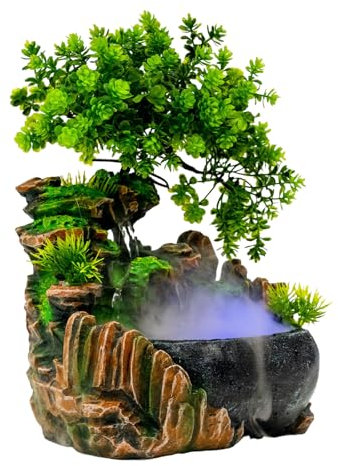 HOARLICN Zimmerbrunnen mit Pflanzen, Tischbrunnen Verheißungsvolle Symbolik Pflanzen Fountain Deko Harz Wasserbrunnen Tischplatte mit Langes Netzkabel Kompakt und Leicht 20 X 15 X 28cm