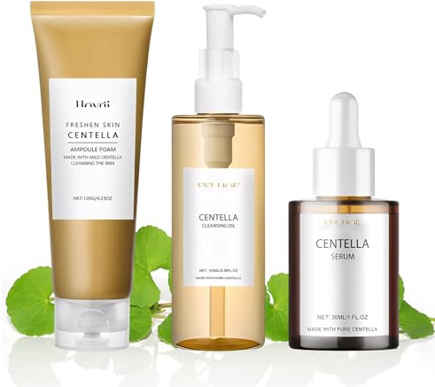 3 Pezzi Centella Skincare Kit, Centella Cleansing Oil, Centella Detergente Viso, Centella Siero Viso, Madagascar Centella Skincare, Idratante, Riduce i Pori, Adatto a Tutti i Tipi di Pelle