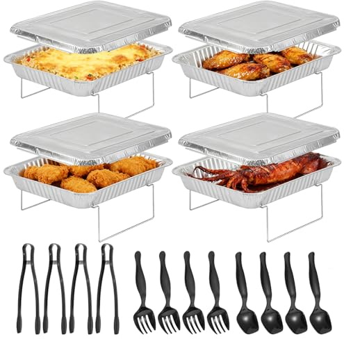AIHSUMC Disposable Chafing Dish Buffet Set, 4 Pack Food Warmers for Parties, Chafing Servers with Covers Utensils Wire Racks, Catering Supplies with Half Size Pans, Warming Trays for Events, Parties