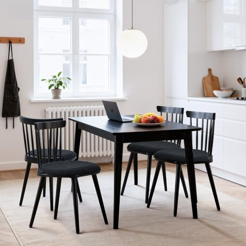 Bekrvio Upholstered Black Dining Chairs Set of 4, Farmhouse Spindle-Back Wooden Chairs with Cushion Seat, Mid-Century Modern Padded Windsor Chairs in Black Boucle Fabric for Dining Room