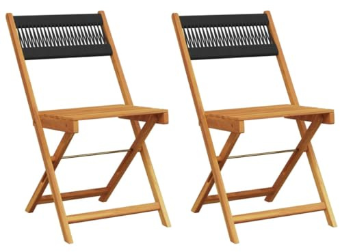 Todiikf 2er Set Klapp-Bistrostühle Schwarz Akazie 41x52,5x80 cm Faltbare Gartenstühle mit Kordel-Rückenlehne Robust und Wetterfest für Balkon Terrasse Camping