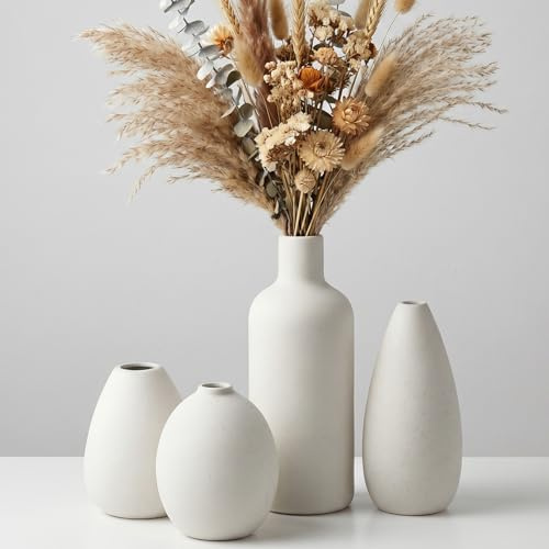 Ceramic Vase Set of 4 - White Minimalist Flower Vases for Home Decor Modern Boho Decor Vases Ceramic Vase Decorative Flowers Vases Living Room Bookshelf, Bedroom Coffee Table Office Decor