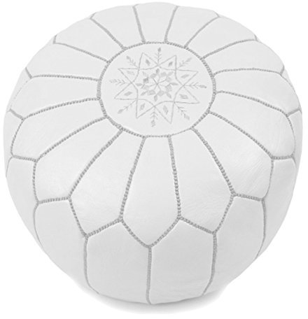 ALMADIH Marokkanischer Echtleder Pouf Leder Sitzkissen weiß - gefüllt geliefert - 100% Handarbeit Sitzsack Ottoman orientalische Sitzpouf Bester Qualität Lederkissen Bodenkissen Fußhocker (Pouf weiß)