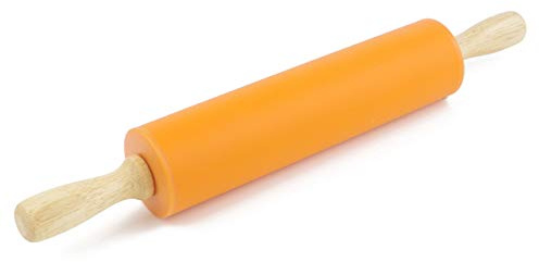 Remeel Teigroller mit Metallachse, Silikon Nudelholz als Backzubehör, Backrolle mit nicht klebend Silikon Teigroller Holzgriff aus Buchenholz (Maße:30/38cm)