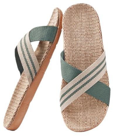 Pantoufles d'Eté Respirant en Lin Antidérapant Femme Homme Sandales Plates Chaussures à Bout Ouvert Chaussons de Plage Piscine Tongs Claquettes Confortable pour Maison Bureau Intérieur 39-40 Vert