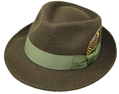 Borges & Scott Alpaka Doyle - Teardrop Fedora Hut - Alpaka Wollfilz - Abnehmbare Feder – Für die Reise aufrollbar - Wasserabweisend - Unisex - 54cm Moosgrün