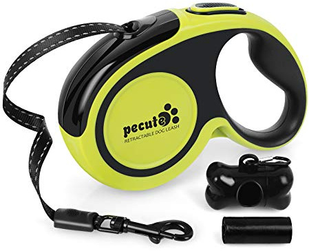 Pecute Laisse Chien Enrouleur 5m, Laisses Rétractables pour Chiens(Jusqu'à 30kg), avec Un Boutton S'arrêter Bloquer, Ruban en Nylon avec Coutures Réfléchissantes, pour Petit, Moyen et Grand Chiens
