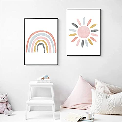 Kinderzimmer Wandkunst Leinwanddruck Malerei Sonne Regenbogen Poster Und Drucke Rosa Nordic Wandbilder für Baby Mädchen Zimmer Dekor 40x60cmx2 Rahmenlos