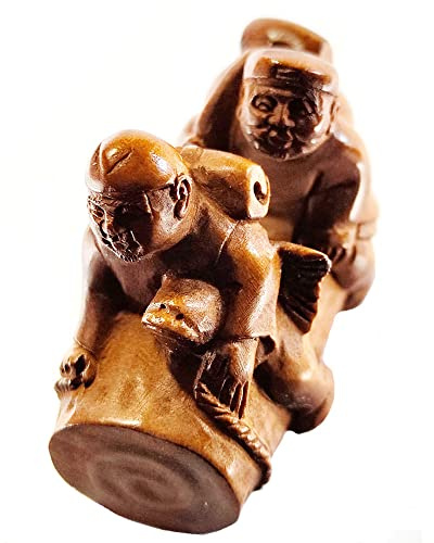 2 Hand Carved Japanese Boxwood Netsuke Figurine Carving: 2 Fishmen on Boat