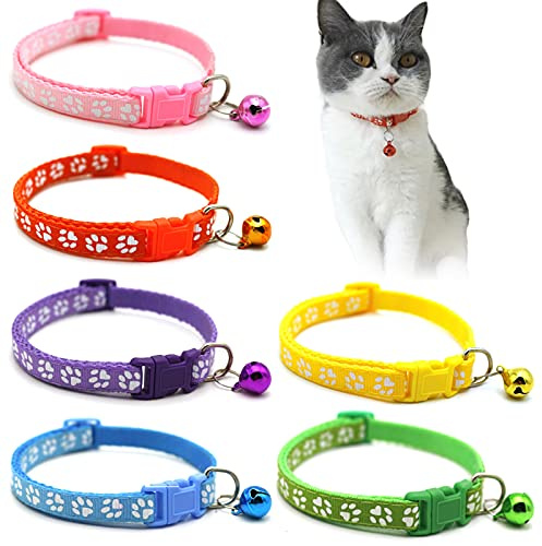 YUTOU 6 Stück Katzenhalsband mit Sicherheitsverschluss und Glöckchen Schnellverschluss Katzenhalsband Verstellbar Nylon Katzenhalsband mit süßem Katzenpfotenmuster Verstellbar 21~33cm