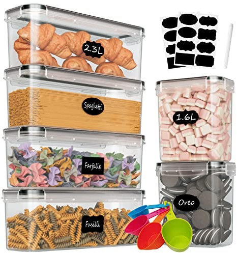Withosent Vorratsdosen Luftdicht 6er Set, Aufbewahrungsbox Küche mit Deckel aus Plastik, 2,3L Spaghetti Aufbewahrung Pasta Vorratsbehälter für Nudeln Müsli Cornflakes(2.3L 1.6L)