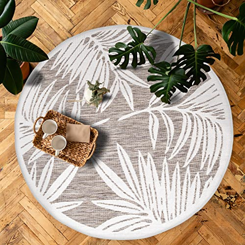 payé Tapis d'extérieur rond - 120 x 120 cm - Résistant aux intempéries - Beige blanc - Motif plantes - Tapis pour terrasse, balcon, jardin, intérieur