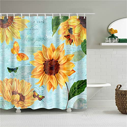 Duschvorhang für Eckdusche und Kleine Badewanne, Bad vorhang Textil aus Polyester Stoff Schimmelresistent Wasserabweisend und Waschbar, Sonnenblume， 150x180cm mit Duschvorhangringen Shower Curtains