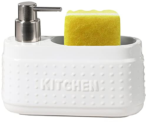 White Dish Soap Dispenser med svamphållare, stor kapacitet keramisk flytande tvåldispenser för kök bänkskiva-21 oz