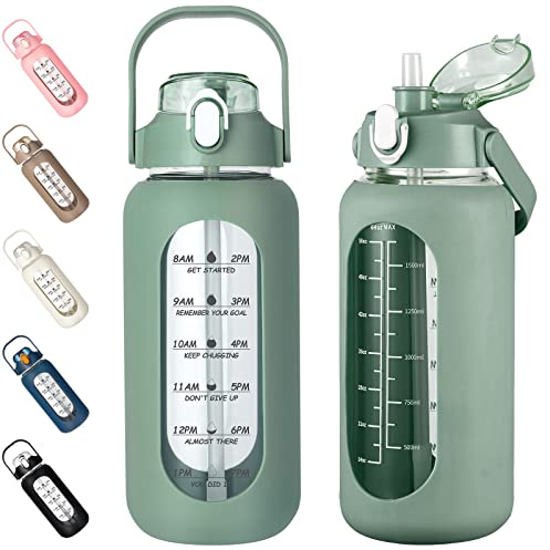 kytffu 64oz Glass Water Bottles with Straw, Half Gallon Motivational Glass Bottle with Silicone Sleeve and Time Marker, 2L Leakproof Large Glass Water Jug for Gym Home Office,olive