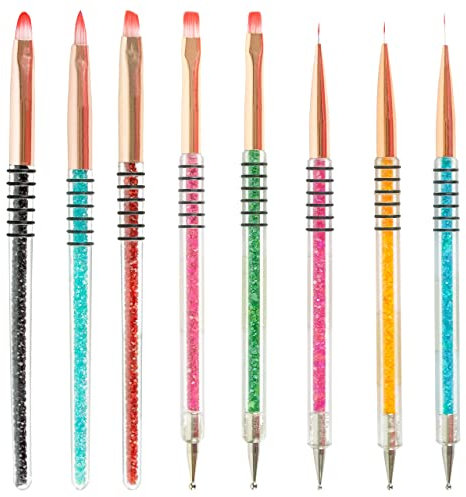 ODazzl Nail Art Brushes for Gel 8pcs with Glitter Handle - Nail Dotting Tools, Dual Ended Brush Pen for Painting, Dotting and Drawing