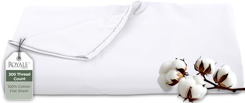Royale Linens 300 Thread Count 100% Long Staple Combed Cotton Flat Sheet - Super Soft - Top Sheets - Twin Flat Sheet Sold Separately - Breathable, Cool & Crisp Percale Sheets Only (Twin, White)