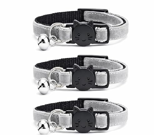 Katt halsband i sammet med klocka. Säkert brytspänne, snabbfrigörande spänne. Finns i katt- och kattunge storlek (paket med 3) (kattungehalsband (15 cm - 23 cm), grå sammet (paket med 3))