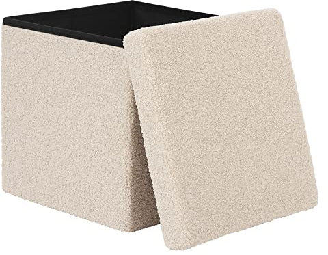 eSituro Sitzhocker mit Stauraum, Faltbarer Hocker, Fußhocker, Polsterhocker, Aufbewahrungsbox Sitzwürfel für Wohnzimmer Schlafzimmer Eingangsbereich, aus Teddyfleece Beige SOM0203