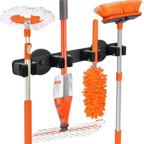 UNUSFIRE Magnetic Broom Holder Rack,Strong Magnetic Mount Mop Holder 4 Racks for Cleaning Tools,Non-slip Magnetic Tool Holder Broom Hooks for Camper Garage Kitchen