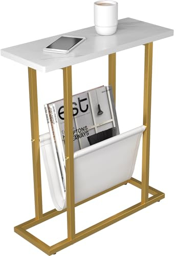 Yusong Small Narrow Side Table for Small Spaces, 17.7 W Slim End Table Magazine Table Nighstand with Storage Holder, Accent Skinny Snack Couch Bedside Table, Gold White, Complete Iron Pipes