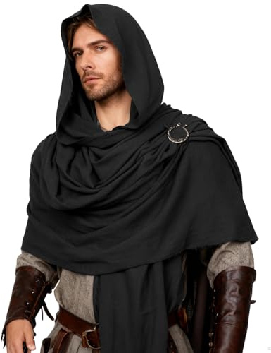 keland Scialle Medievale Coprispalle Stola Sciarpa Lunga con Spilla per Donna Uomo (Nero)