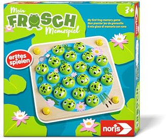 Noris 606012168 - Mein Frosch Memo-Spiel (Kinderspiel ab 3 Jahre) - Gedächtnisspiel mit Spielbrett & Fröschen aus Holz und 10 Motiv-Karten, Spielzeug für Kleinkinder & Kinder