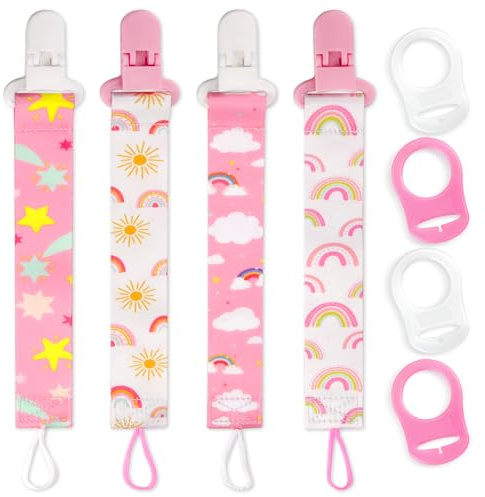 Suofuolef 4 Pack Schnullerkette Baby Mädchen, Baby Schnullerband Set mit Adaptern, Schnuller Clips für Neugeborenen Geburt & Taufe Geschenk, Rose