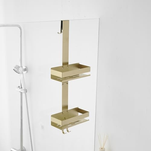 Hiendure Goldener Dusch-Caddy über der Duschtür – 2-stöckiger Dusch-Caddy zum Aufhängen, ohne Bohren, Duschregal für Innendusche, Badezimmer, Schlafzimmer, Küche
