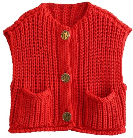 KEOMUD Women's Sleeveless Cropped Knit Cardigan Vest Casual Button Down Chunky Sweater Vest Tops with Pockets Red Medium