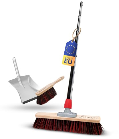 Novaliv Straßenbesen mit Stiel 40 cm Arenga-Elaston Borsten inkl. Kehrgarnitur verzinkt bestehend aus Kehrblech und Handfeger Ideal als Gartenbesen Terassenbesen Hofbesen Kehrbesen Outdoor Broom