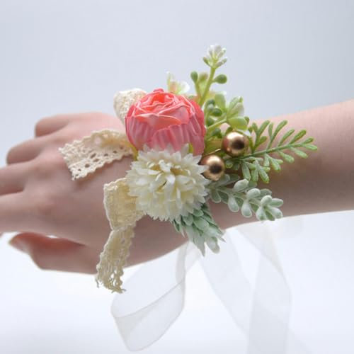 Spitzen-Ansteckblumen fürs Handgelenk, elfenbeinfarben, cremefarben, mit Armband für die Hochzeit, Mutter der Braut und des Bräutigams, Abschlussballblumen, Bräutigam, Boutonniere, rosa Ansteckblume f