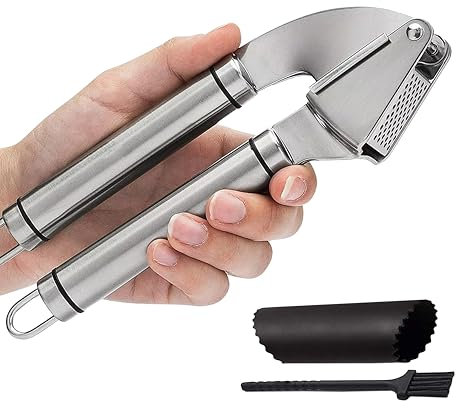 Title: PRIMES Premium Garlic Press Super Easy to Use & Clean Garlic Crusher & Mincer, Professional Kitchen Garlic Press, Easy-Squeeze, Ergonomic Handle, Silicone Garlic Peeler & Brush