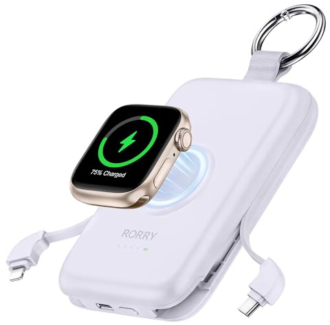 RORRY Portable Charger, 10000mAh PD 20W Fast Charging Portable Charger Power Bank with Built in Cables, Travel Battery Pack for iPhone 17/16/15/14/13/12 and Apple Watch Ultra/11/10/9/8/7/6/5, Purple