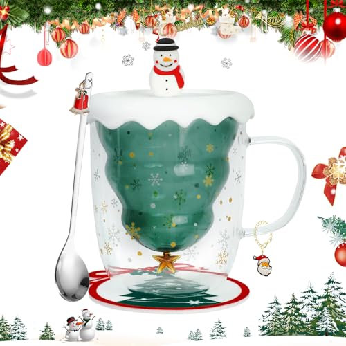 PRZRAO Tasse de Noël, 300ML Double Paroi Verre à Café Verres à Thé Verres à Boire Noël Tasse Avec Couvercle Double Paroi Lsolierglas