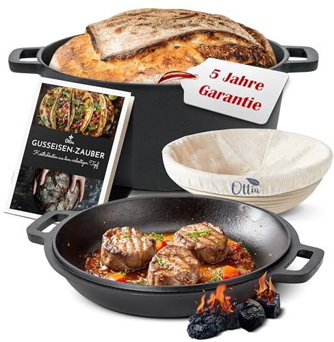 Ottia purer Gusseisen Topf mit Gärkorb, 26cm, als Brotbackform, Brotbacktopf, Dutch Oven, Brotbackform, Schmortopf, Bräter, Bratentopf, zum Brot backen, Cast Iron pot, aus dem Fachhandel, aus Hamburg