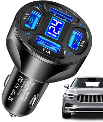 Cargador de Coche 4 en 1, 4 Puertos USB súper rápido 3.1A con Pantalla Digital LED para cámara